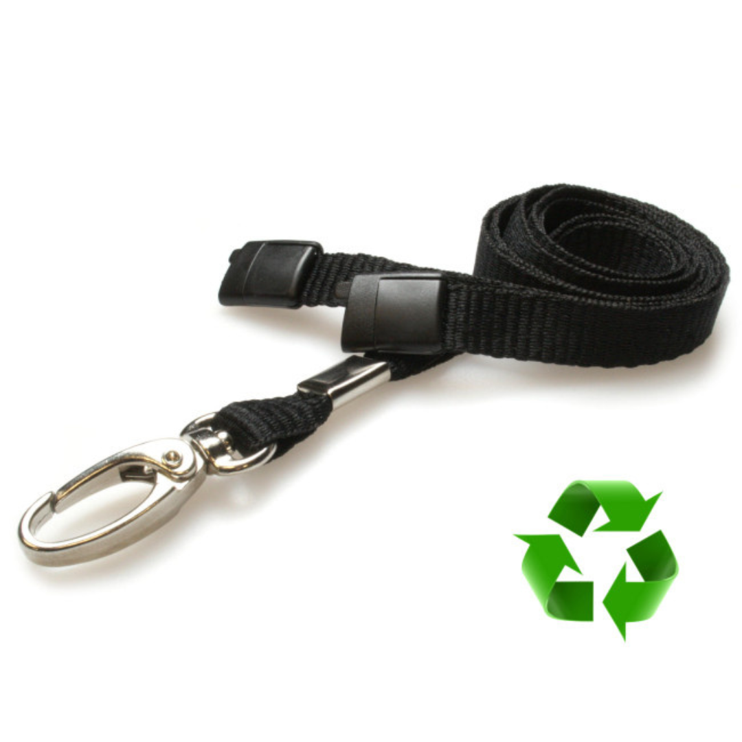 Svarta Lanyards i återvunnen PET – med säkerhetsavbrott & metallklämma