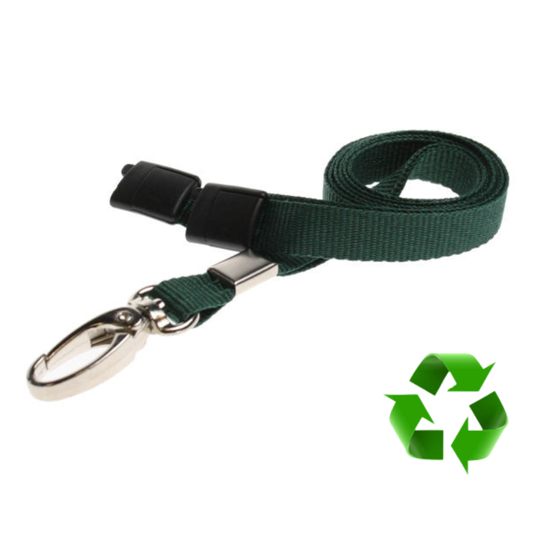 Mörkgrön Lanyards i återvunnen PET – med säkerhetsavbrott & metallklämma