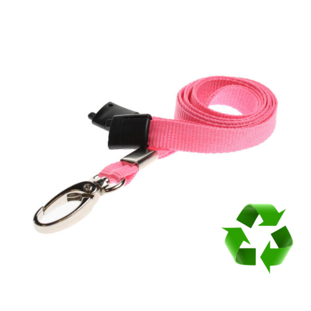 Rosa Lanyards i återvunnen PET – med säkerhetsavbrott & metallklämma