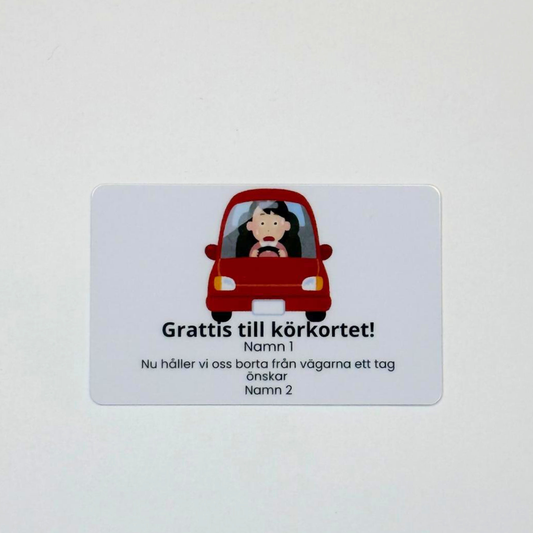 Grattiskort i plast – “Grattis till körkortet!” med personlig text
