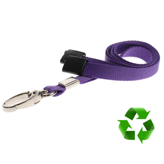 Lila Lanyards i återvunnen PET – med säkerhetsavbrott & metallklämma